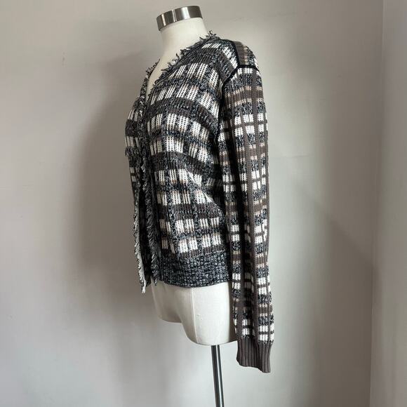 CAbi #4097 Gray Brown White Open Front Fringe Plaid Cardigan Sweater Sz Large - Picture 3 of 8